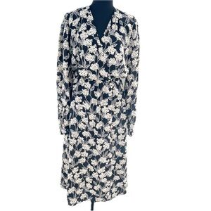 Parker Black Floral Hydrangea Print Long Sleeve Faux Wrap Midi Dress Size Medium